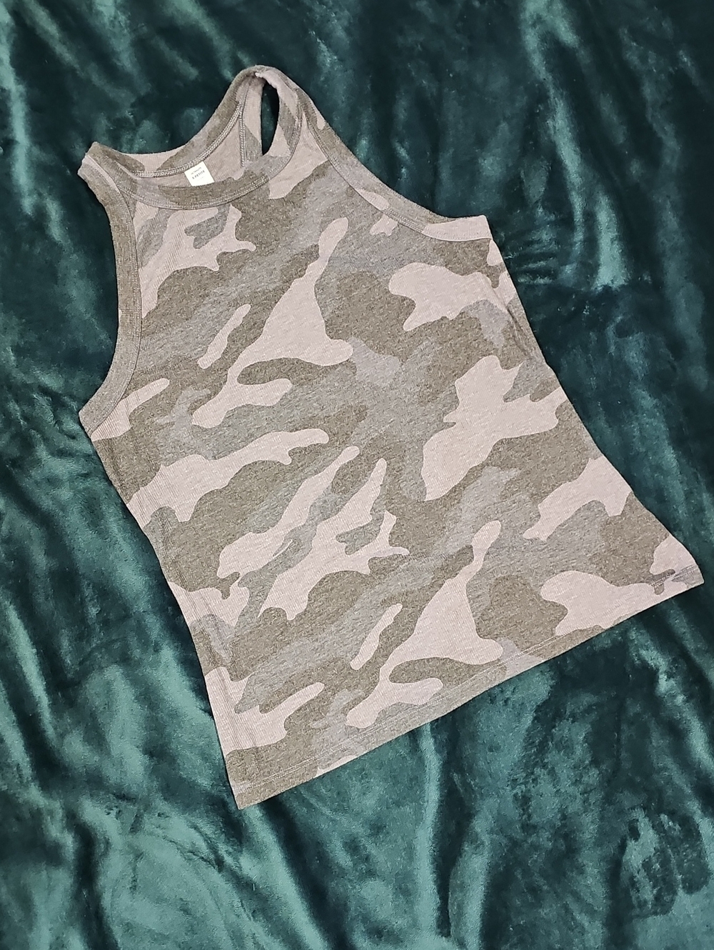Gray Camo Tank Top Small Petite Stretch Sleeveless Racerback EUC